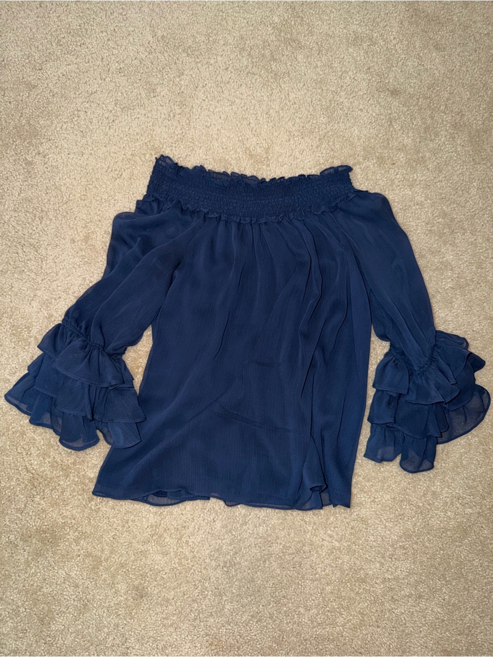 Express Navy Off-The-Shoulder Ruffle Sleeve Blouse